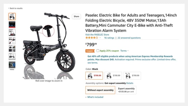 Screenshot of a Paselec Electric Bike sold on Amazon for $799.99